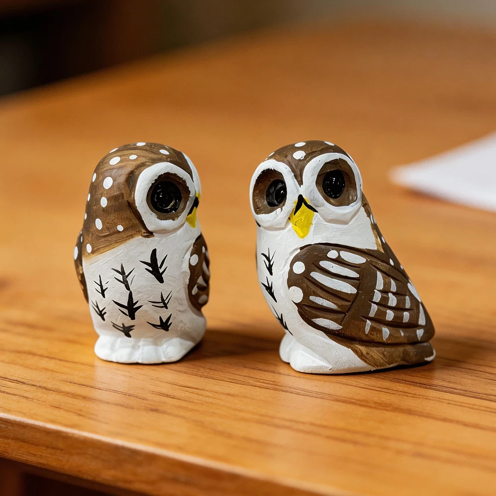 Hand Carved Mini Decorative Wooden Owl Figurines Cute Hand-Painted Owl Statue Kawaii Desk Decor Ornament Gift for Owl Lovers