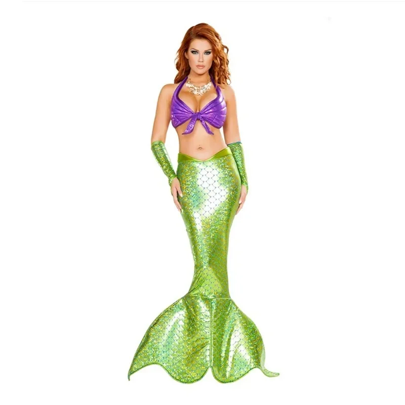 Mermaid Cosplay Sexy Princess Adult Women Costume Set Sequins Halloween Carnival Fancy Dress Party Bodycon Dress Fish Tail Skirt