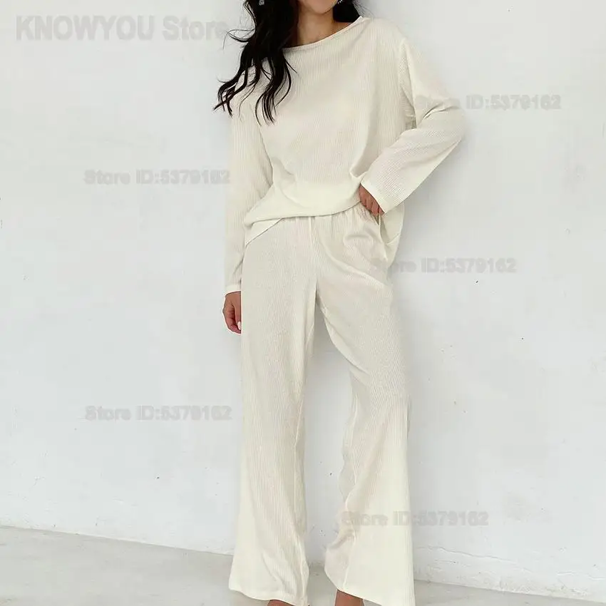 Ladies 2026 Spring Summer New Arrival European American Fashion Knitted Skin-Friendly Long Sleeve Long Pants 2 Piece Pajama Set