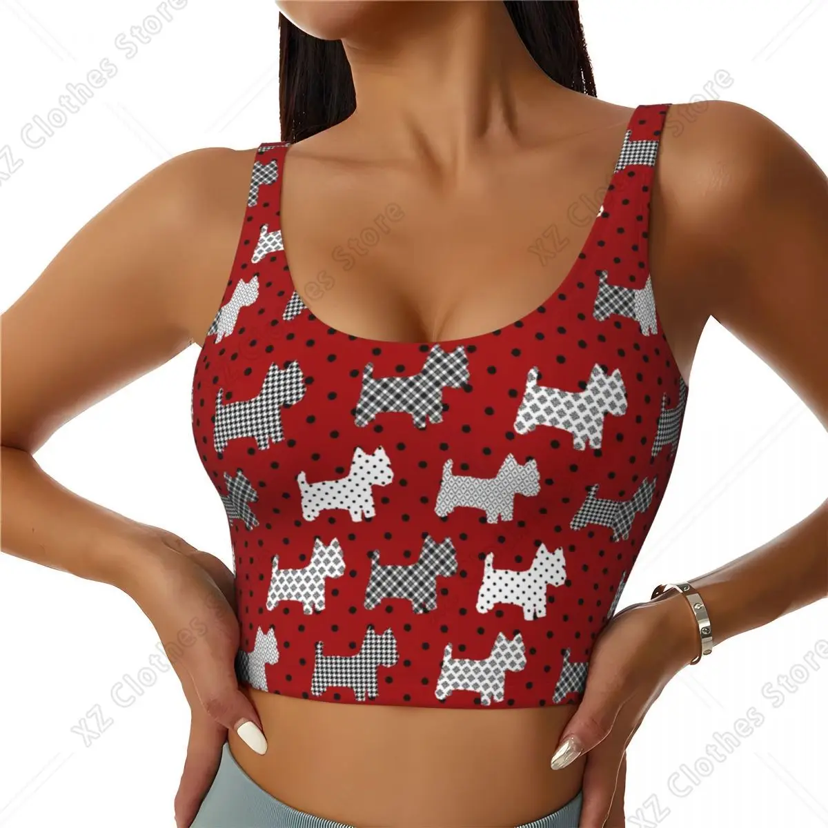 Custom Westies Polka Dot Cartoon Pattern Workout Crop Tank Tops for Women West Highland White Terrier Dog Running Sports Bras