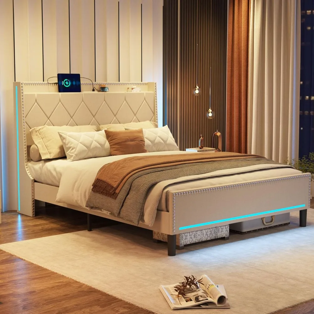 Queen Size Bed Frames LED Lights, Upholstered Platform Bed Charging Station, Storage Space Under The Bed, Steel Slat Support