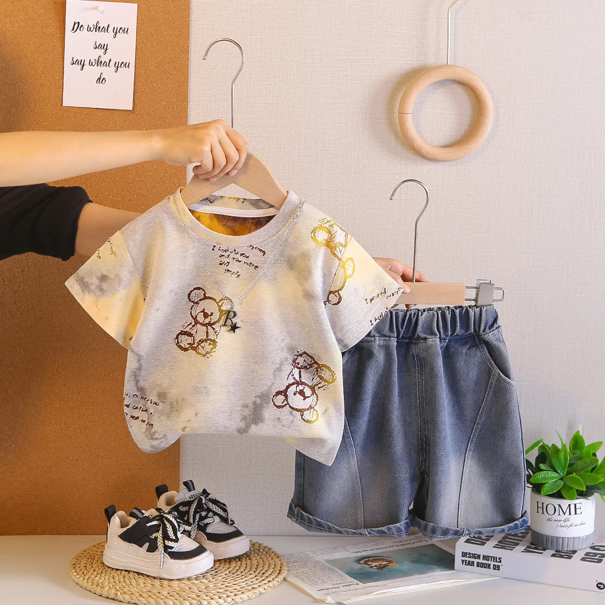 Kids Summer Clothes 2026 New Toddler Boys Casual Tie Dye Bear Print Short Sleeve T-shirt and Denim Shorts 2 Piece Outfit Set