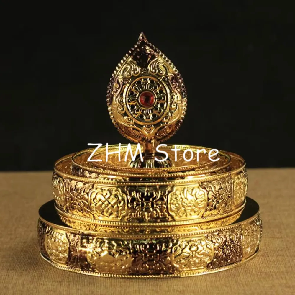 

18cm Gold/Silver Big Size Auspicious Symbol Manza Carving Alloy Metal Buddhist Home/Office Putting Decorate Dish/Plate/Tray Base