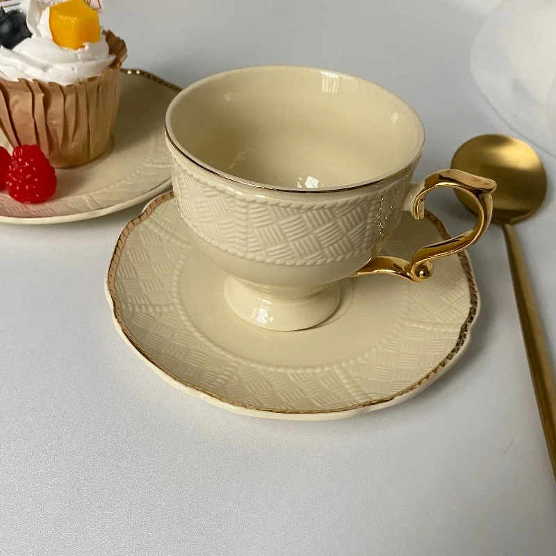 European Vintage Embossed Ceramic Coffee Cup, Beige Gold Rim Footed Ceramic Tea Cup, Afternoon Tea Black Tea Cup Dim sum plate