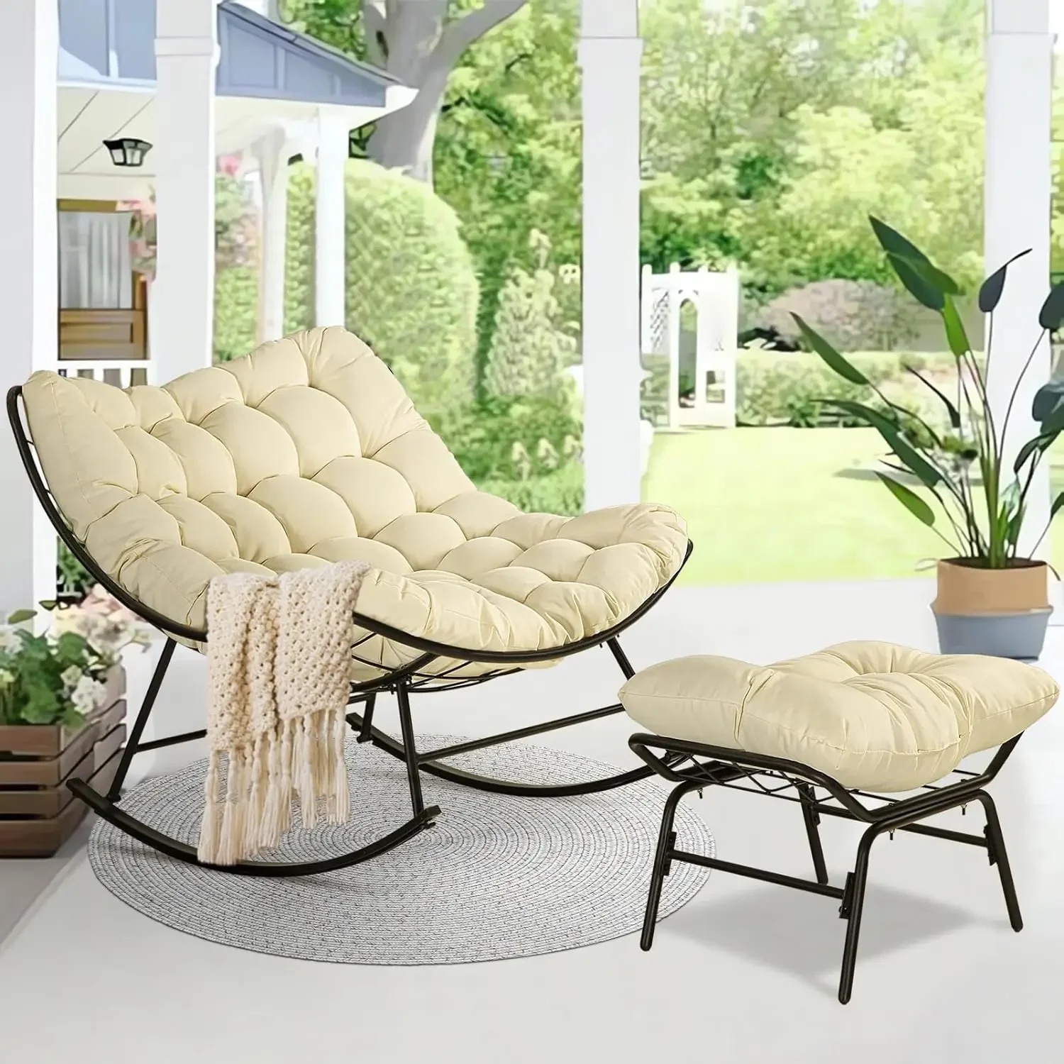 

Patio Rocking Papasan Chair, Outdoor & Indoor Egg Reading Recliner Chair, Oversized Royal Comfy Lounge Rocker with Large Cushion