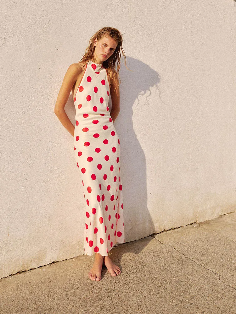 

New 2026 Women's Summer Polka Dot Backless Dress with Bow Tie Neckline Mid-Length Cocktail Dress for Everyday Wear