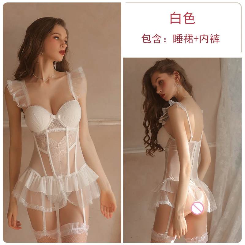 

Plus Size Babydoll Lingerie Sexy Chest Pad Bra and Panty Garters Gauze See Through Nightwear Teddy Honeymoon Costumes Sleepwear