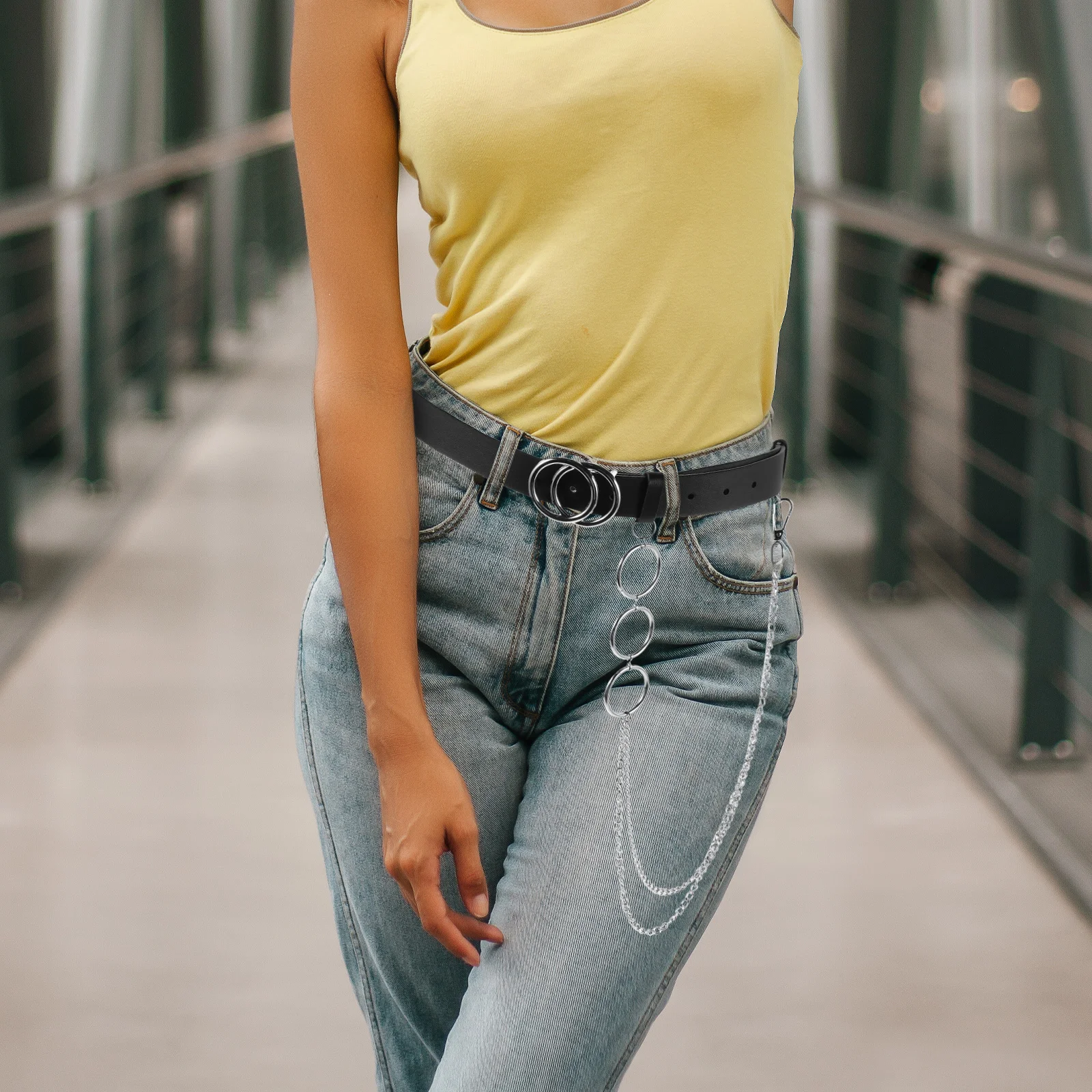 Fashionable Waist For Women Punk Style Double Ring Buckle Chain Metal Belt Adjustable Goth Chic Rocker Outfit Punk Waist