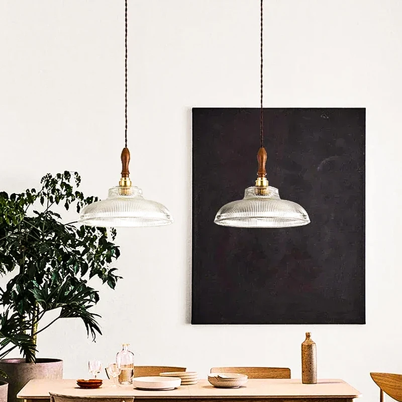 DAMIASMIL Glass Wood Art Pendant Lights Modern Copper Suspension Pendant Lamp for Dining Room Kitchen Island Hanging Lamp Luster