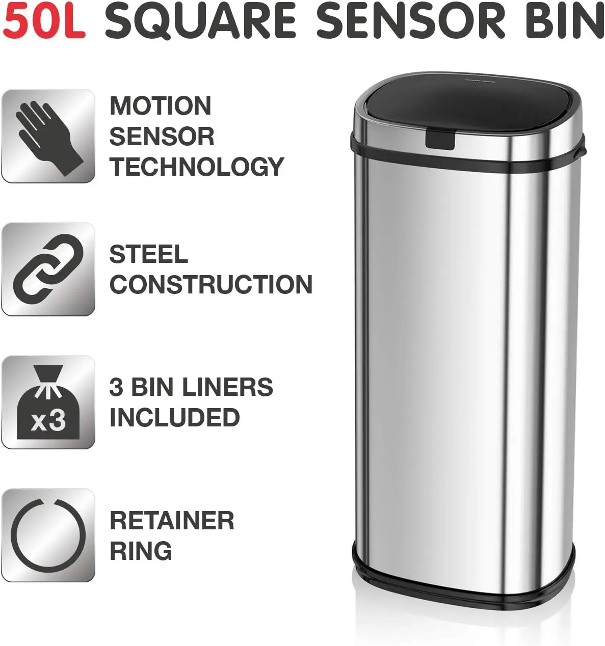 Square Kitchen Bin with Infrared Motion Sensor Technology, 50 Litre Capacity, Stainless Steel