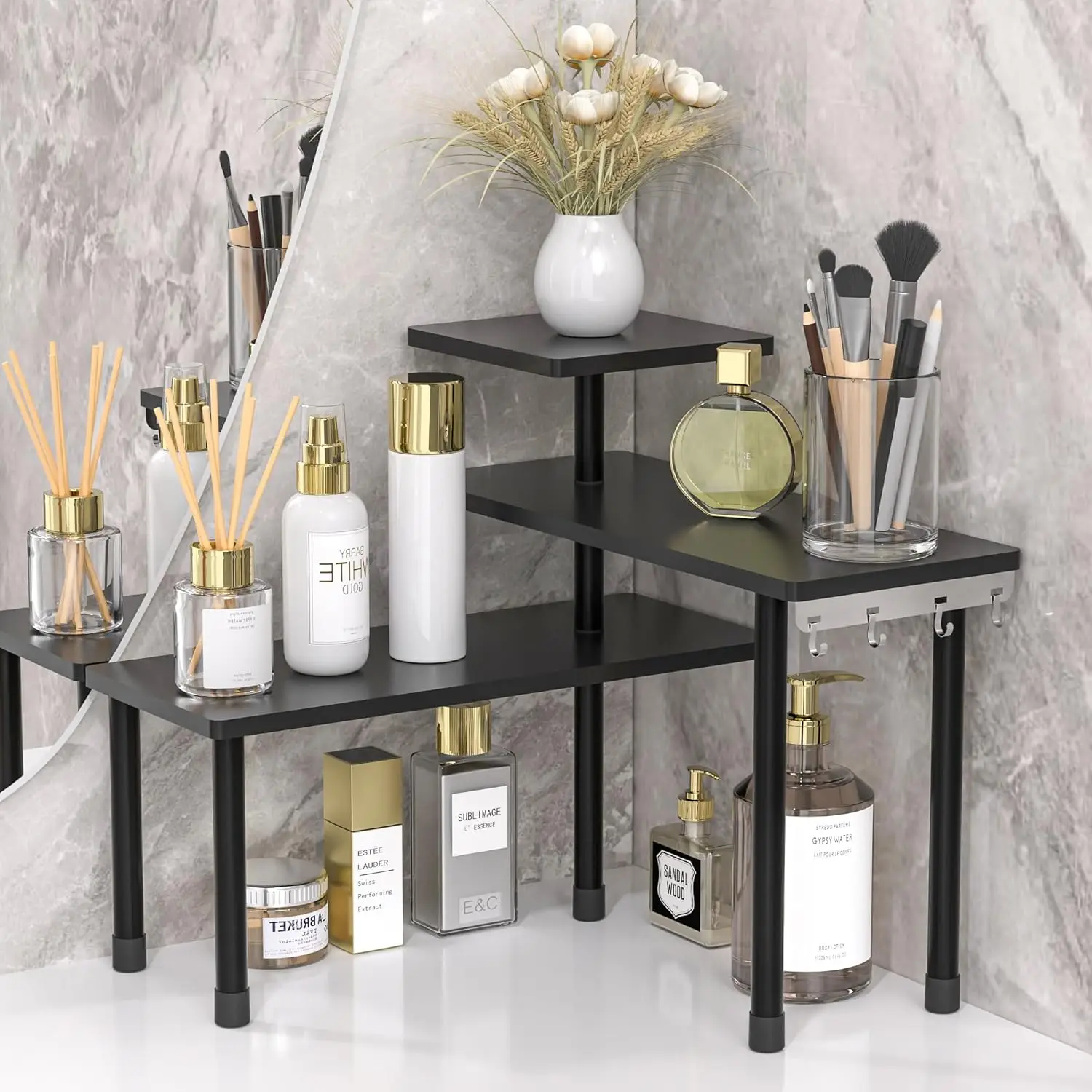 

Countertop Corner Shelf, 3 Tier Shelf Moveable Organizer for Bathroom Counter, Make Up, Dresser Table, Desktop Shelf (Black)