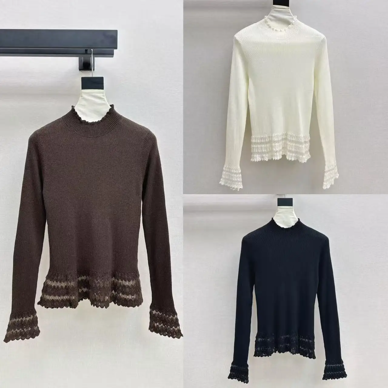 White Black Coffee Women 100% Wool Knit Top Ruffle Mock Neck Long Sleeve Slim Lace Hem Elegant Sweater For Daily Wear