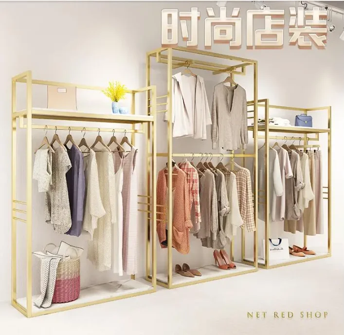 

Clothing store display rack floor type women's nano gold display shelf double high cabinet hanging clothes rack