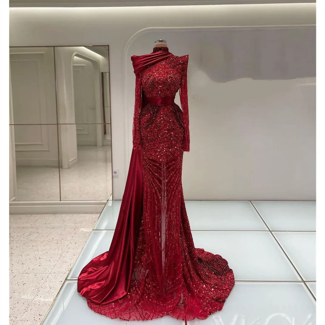 Dark Red Mermaid Evening Dresses Long Sleeves High Neck Sequins Beaded Appliques 3D Lace Hollow DiamondsProm Dresses Custom Made