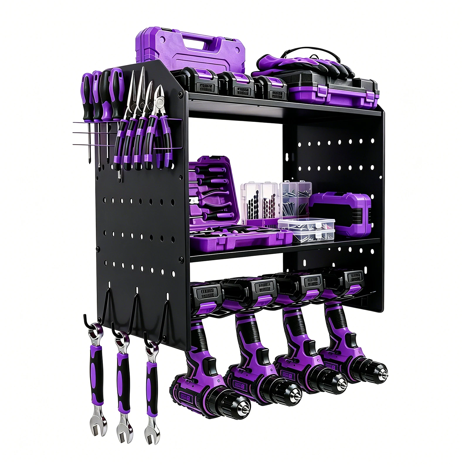 Robuster, an der Wand montierter Organizer für Elektrowerkzeuge, Akku-Werkzeugständer mit Stecktafel-Seitenständer und Haken – Detail 11
