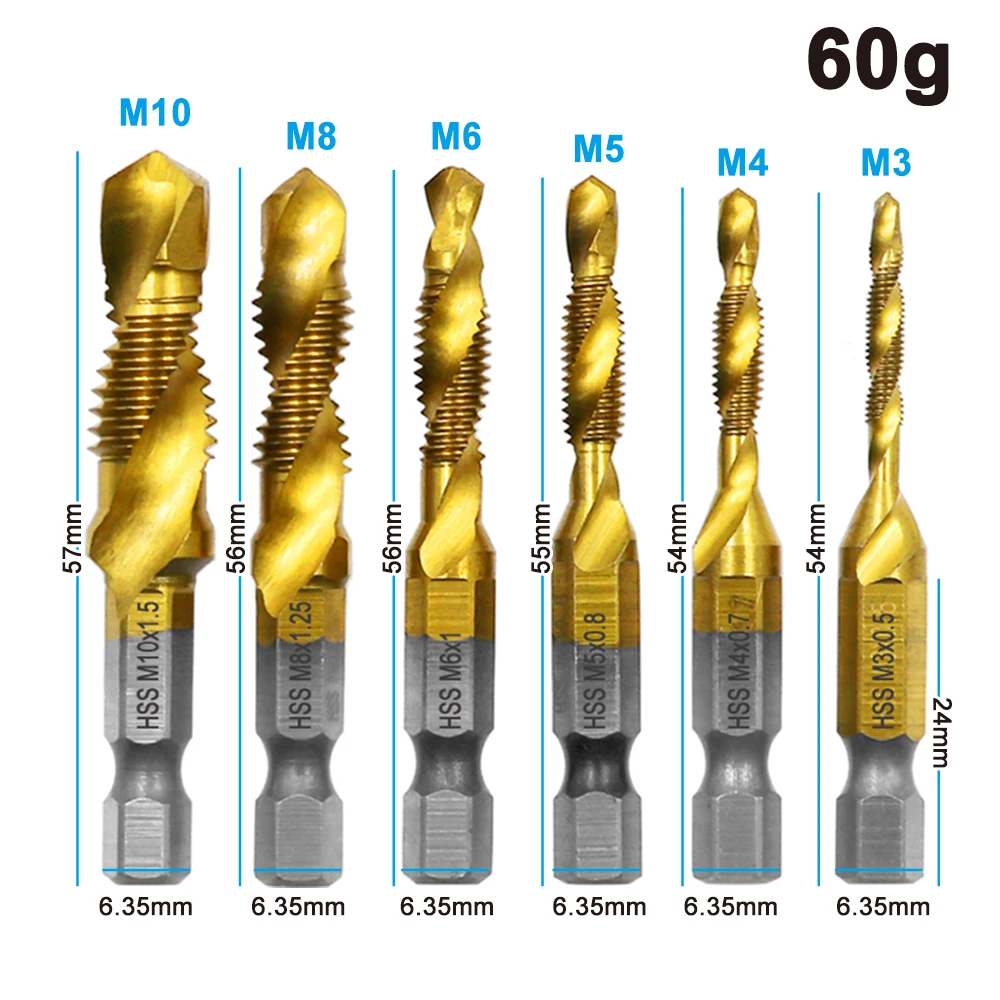 6pc high speed steel M3-M10 titanium plated composite tap hexagonal drill and tap integrated tap machine with hole chamfer tool