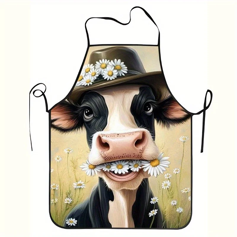 1pc Unisex Apron - Cute Smiling Cow with Daisy Hat Design, Durable Easy-Clean Linen Fabric for Home Cooking, Restaurants