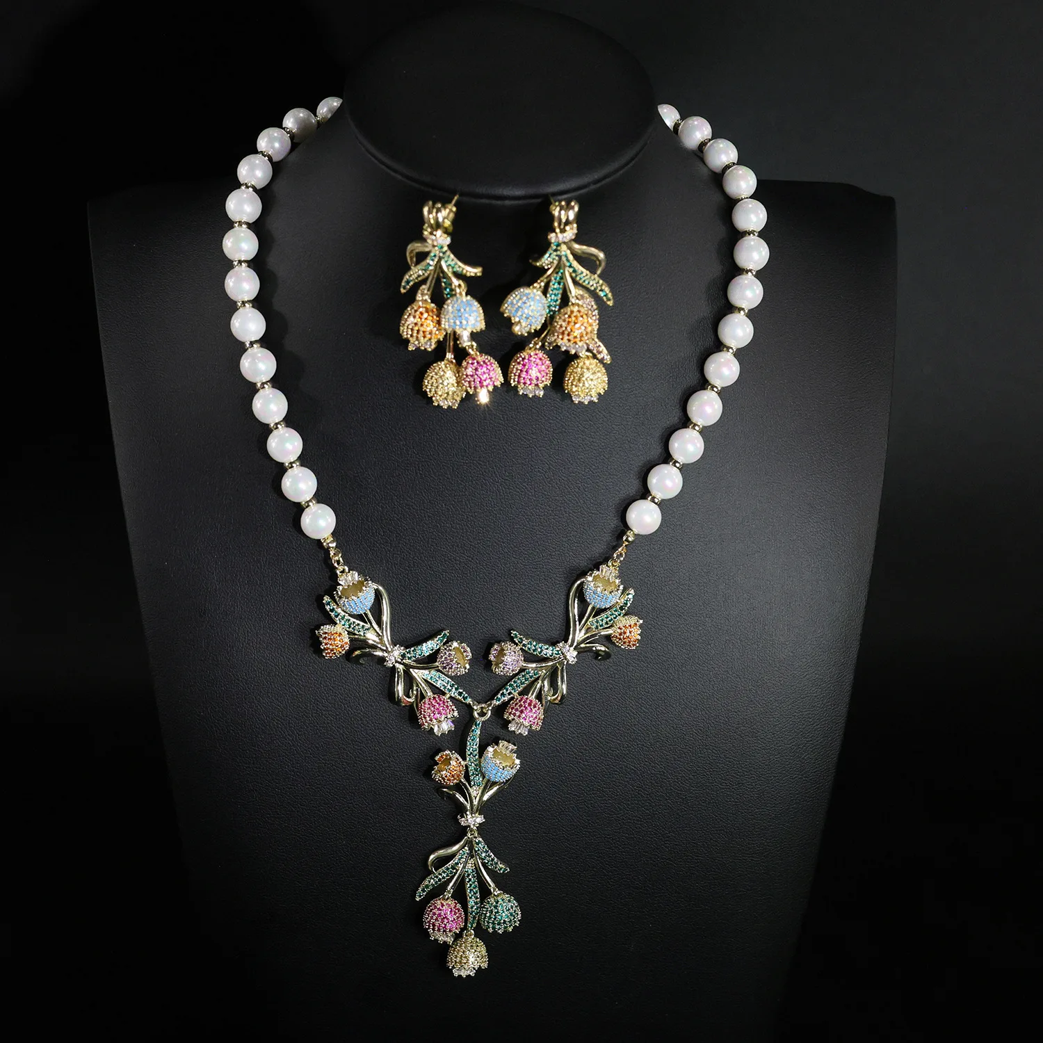 

Pop Art Pearl Bell Flower Stunning Women Necklace Earring Set Light Luxury Accessories Wedding Bridal Holiday Gift M-966