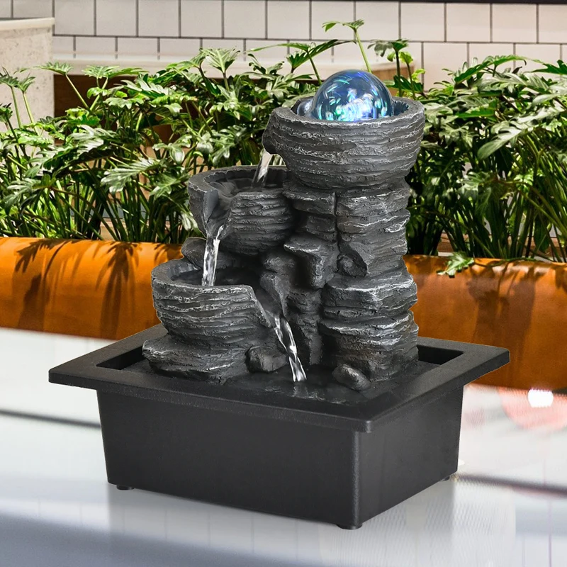 LED Lucky Wealth Transfer Ball Rockery Waterfall Flowing Water Desktop Fountain Resin Landscape Ornament Home Decoration