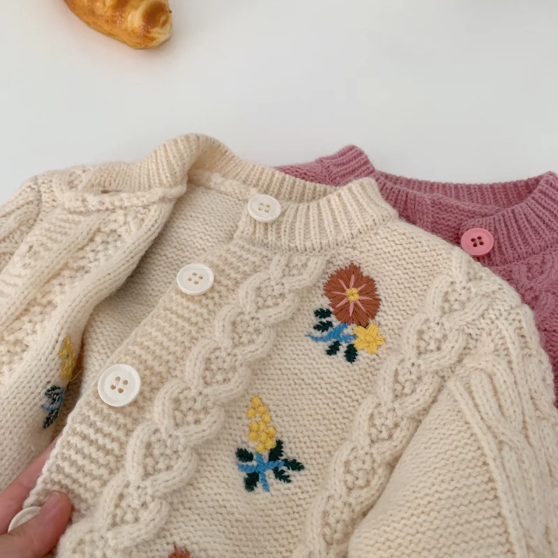 Autumn Toddler Girls Flowers Embroider Cardigan Coat Kids Clothing Spring Baby Girl Printing Twist Knitted Sweater Children Tops