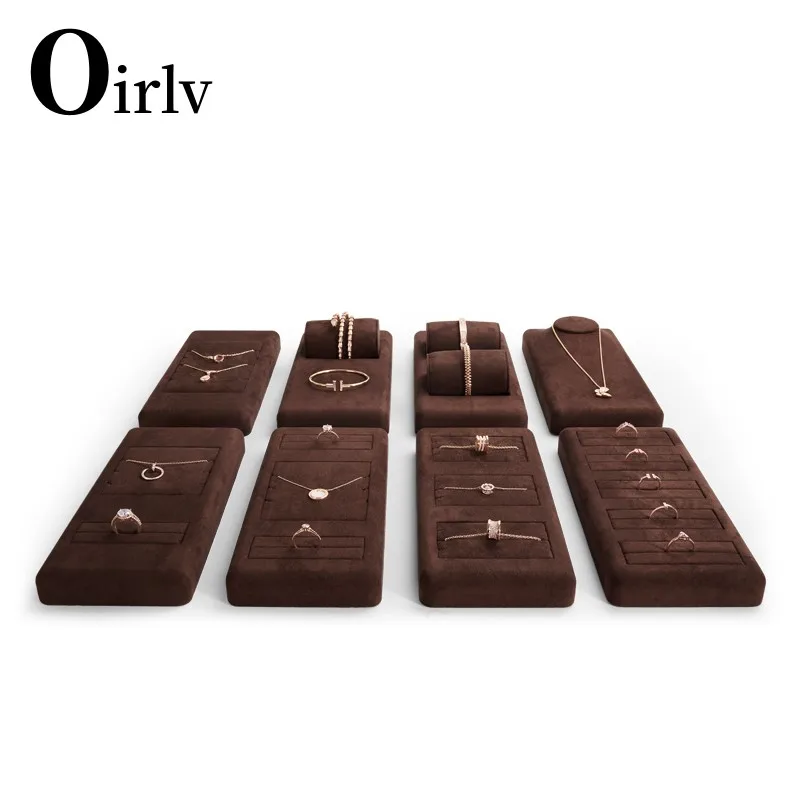 Oirlv Coffee Velvet Jewelry Display Set for Earring Ring Necklace Bangle Shop Trays Counter Jewelry Display Props