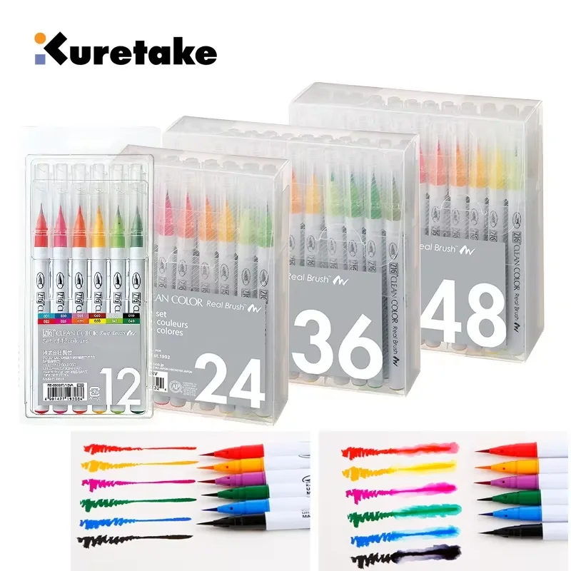 Japan Kuretake Zig Brush-Type Watercolor Pen, 4~120 Colos Set, For Professional and Artist, Coloring, Drawing, Calligraphy