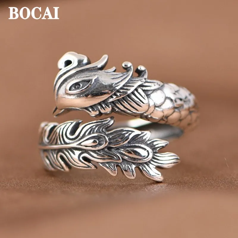 BOCAI Real S925 Silver Vintage Minimalist Chinese Style Phoenix Feather Women's Ring  Fashion Jewelry Accessories Dropshipping