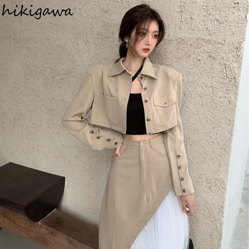 Fashion Two Piece Sets for Women Long Sleeve Temperament Crop Coat High Waist Patchwork Gauze Skirt Soutfits Casual Y2k Suit