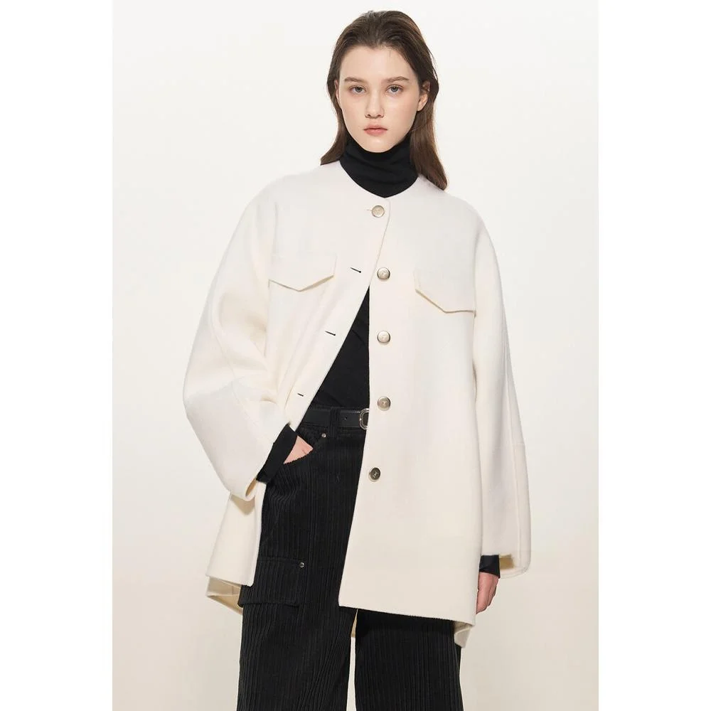 

Double-Sided Hand-Sewn Woolen Coat Korean Sle Commute Slimming V-Ne Long Sve Mid-Length Single-Button Pure Color