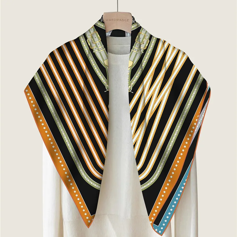 

90cm Square Spring Belt Chain Versatile Twill Curly Edge Double-sided Scarf Shawl Hijabs Luxury Foulard Neckerchief