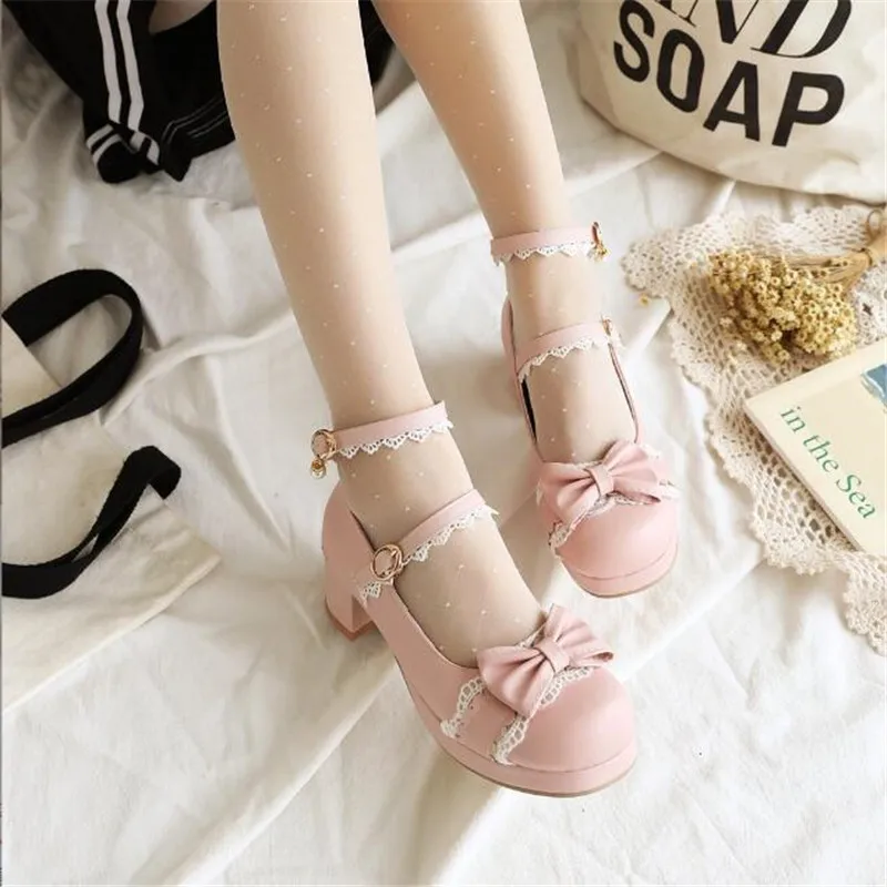 Size 30-43 Girls Shoes Women High Heels Mary Jane Pumps Party Wedding Cosplay White Pink Black Bow Princess Lolita Shoes