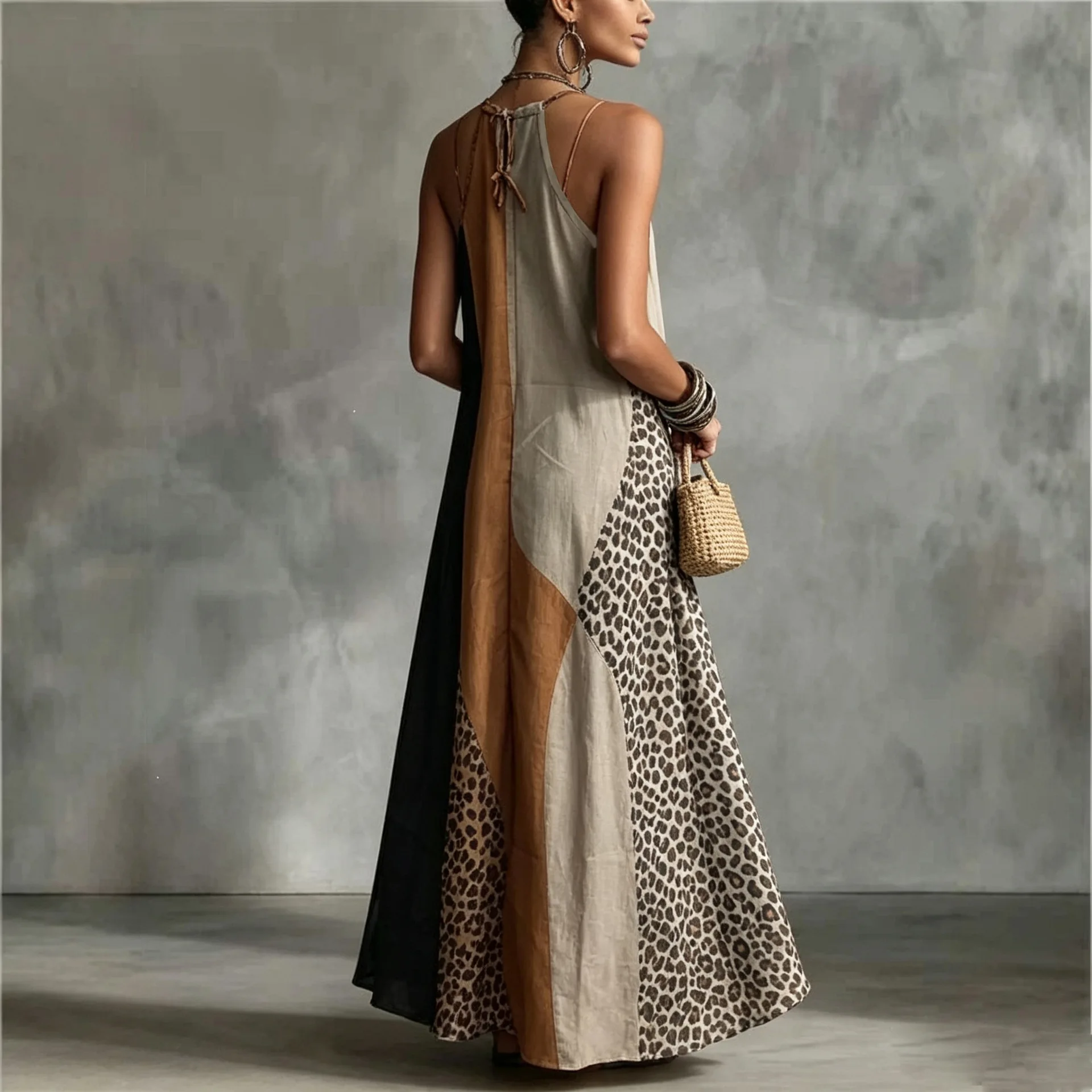 Women's Sleeveless Halter Neck Long Dress, New Leopard Print Color-Blocking High-Slit Draped Maxi Vacation Dress