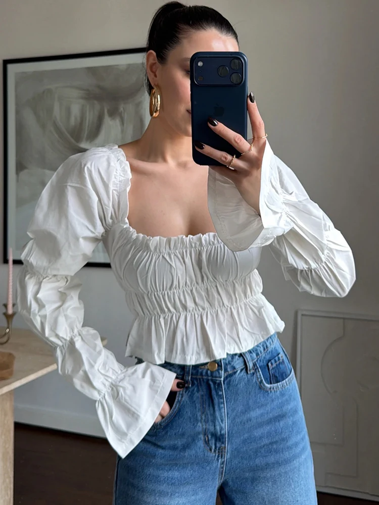

Trendix White Folds Crop Top For Women Casual Long Sleeve Slim Ruffle Cropped Ladies Party Vintage Street Fashion Sexy Out Tops