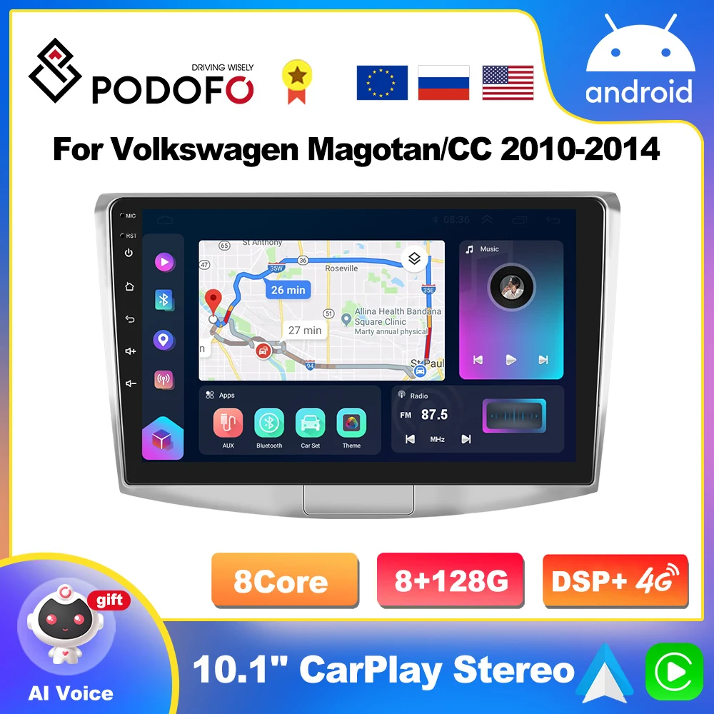 

Podofo 2 din CarPlay Android Radio For VW Volkswagen Passat B7 B6 CC 2010-2015 Car Multimedia Player GPS Navigation 4G Head Unit