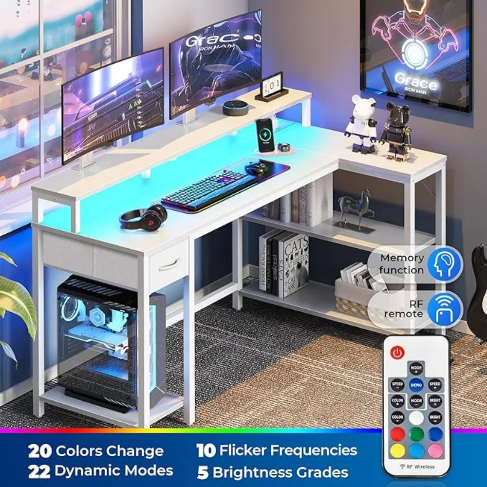 SUPERJARE 53 Inch L Shaped Desk with LED Lights & Power Outlets, Reversible Computer Desk with Shelves & Drawer