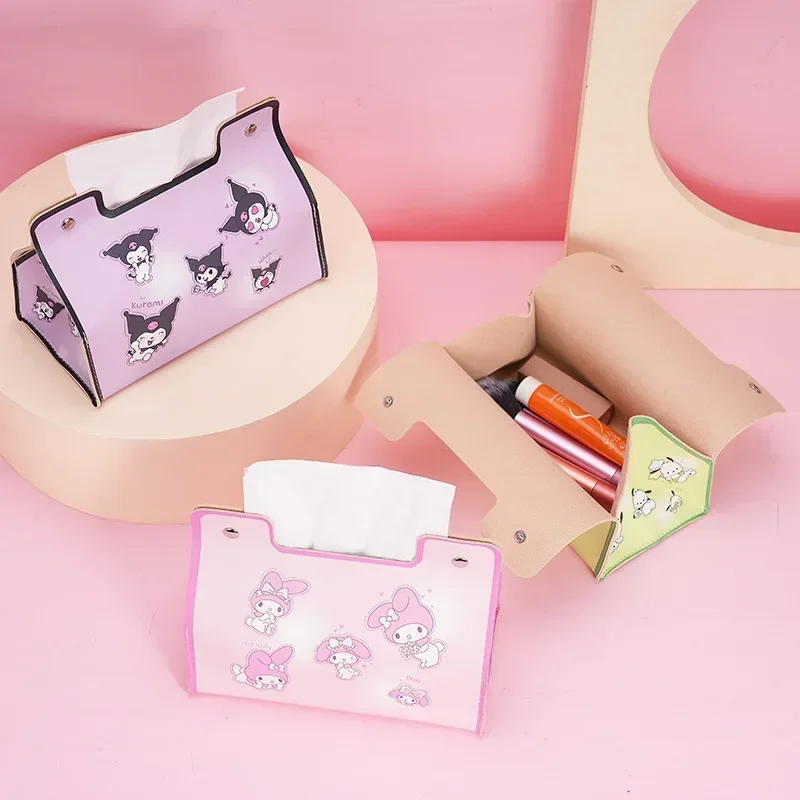 Sanrio PU Tissue Box HelloKitty Kuromi Cinnamoroll Kawaii Girly Heart Printing Water Proof Car Pumping Paper Box Cartoon Desktop