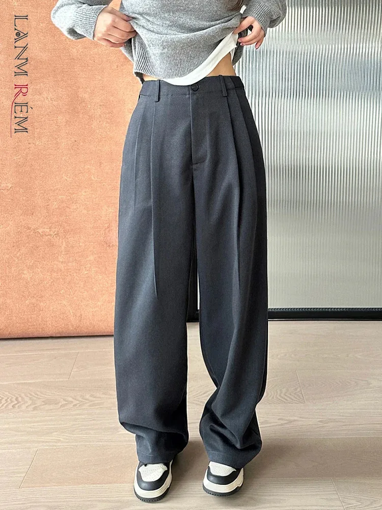 

[LANMREM] High Waist Pleated Design Pants Women's Wide Leg Trousers Office Lady Fit Trousers Minimalism 2024 Winter New 26C1474