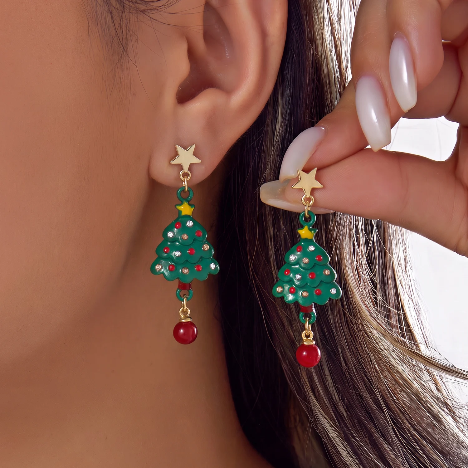 Cute Enamel Christmas Tree Long Earrings For Women Shiny Rhinestone Red Round Bead Tassel Earring Xmas New Year Party Jewelry