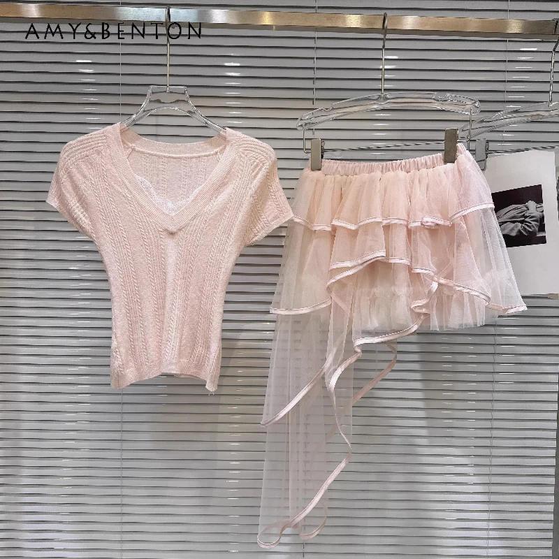 

Women's Pink Two Piece Set V-Neck Cable Knit Short Sleeve Top Asymmetric Ruffle Tulle Skirt Sweet Casual Short Skirt Suit Ladies