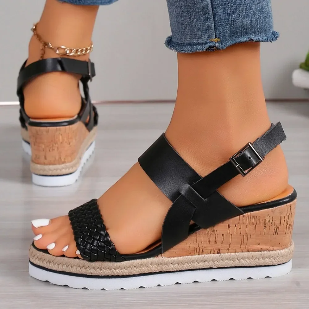 Women Wedge Sandals 2024 Summer New Bohemia Style High Heels Fashion Open Toe Rhinestones Elastic Strap Outdoor Dressy Sandals