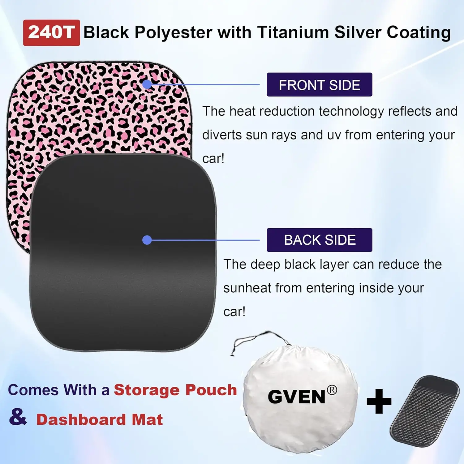 2-Pack Windshield Sun Shade with Bonus Dashboard Mat, Blocks 99% UV Rays, Fits Most Cars & SUVs (M, Pink Leopard) view 3