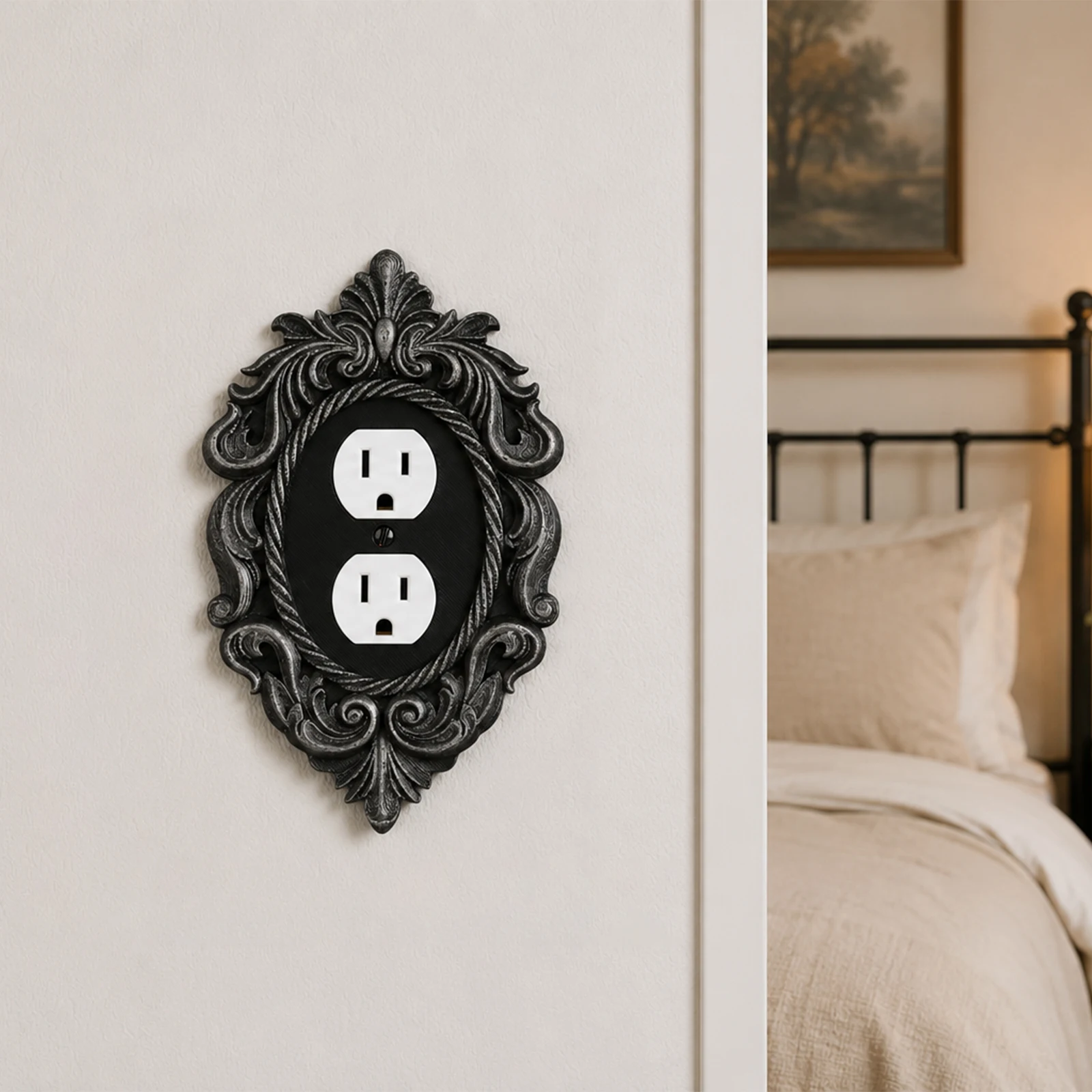 Cross-border Vintage Black Silver Oval Scroll Carved Switch Outlet Plate Cover, European Baroque Aged Embossed Wall Decor Frame