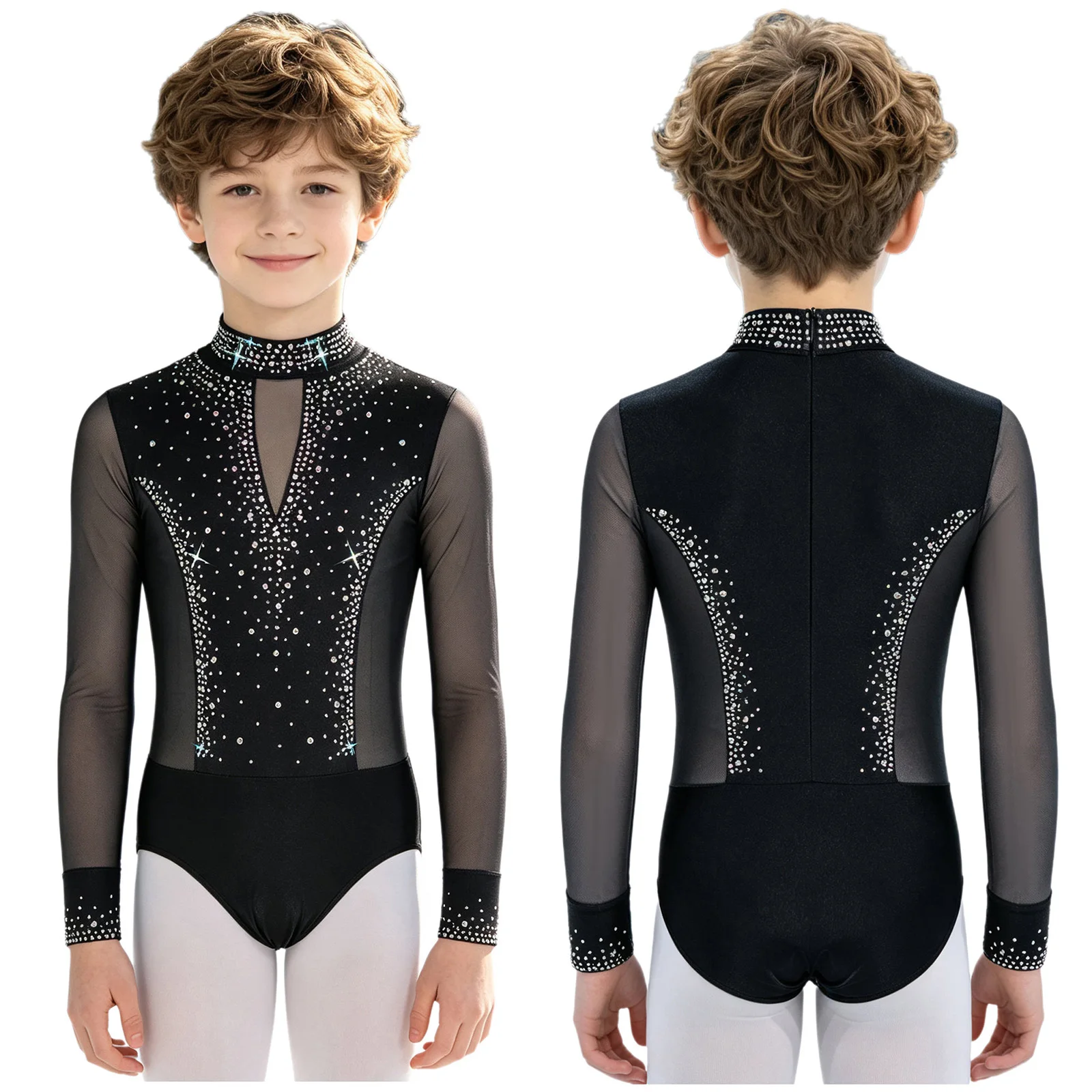 Kids Boys Latin Dance Bodysuit Glittery Rhinestones Zipper Leotard Shirt Jumpsuit for Ballet Ballroom Competition Performance image 3