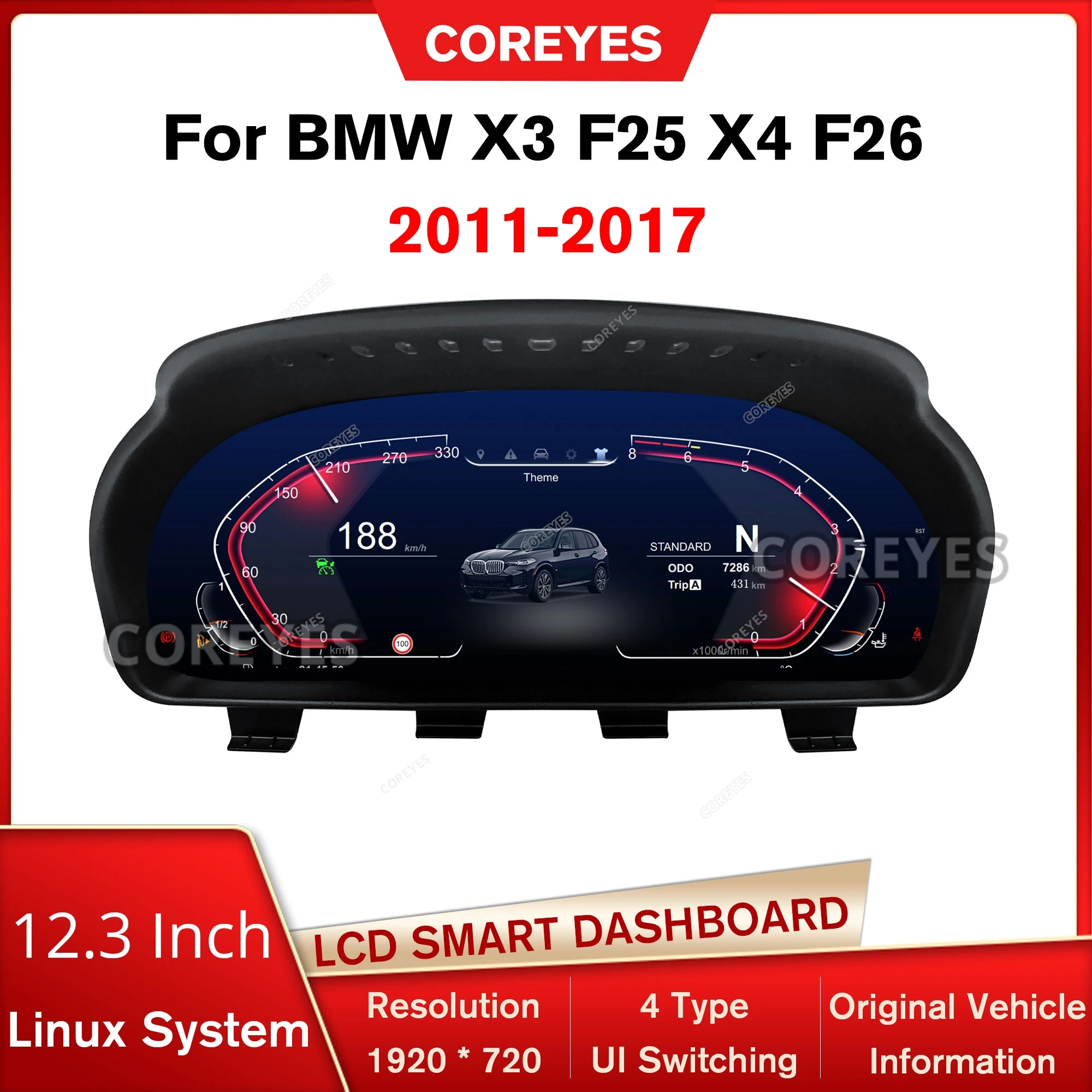 COREYES 12.3'' Digital Instrument Cluster for BMW X3 F25 X4 F26 2011-2017 CIC/NBT Linux System Speedometer Car Dashboard