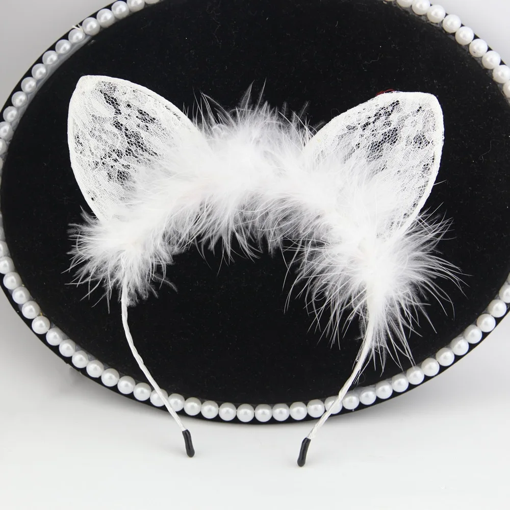 Sexy White Black Head Bezel Hairy Feather Lace Cat Ears Cute HairBand Solid Color Cosplay Headdress Girls Women Hair Accessories
