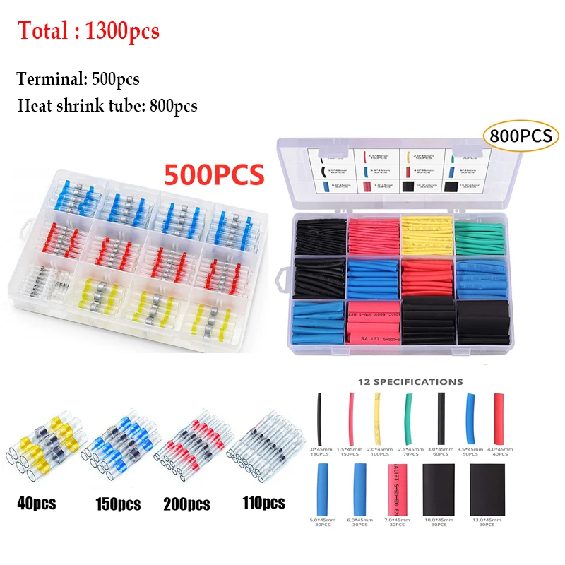 850/950/1050/1200/1300PCS Waterproof Crimp Terminals Solder Seal Electrical Wire Cable Splice Heat Shrink Butt Connector Kits