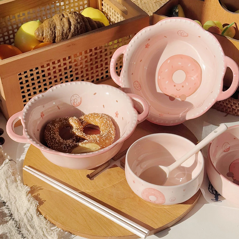 Pink Ceramic Plate Bowl Home Kitchen Dinnerware Set Cute Donut Cartoon Print Double Ear Handle Plates Food-Safe Dining Tableware