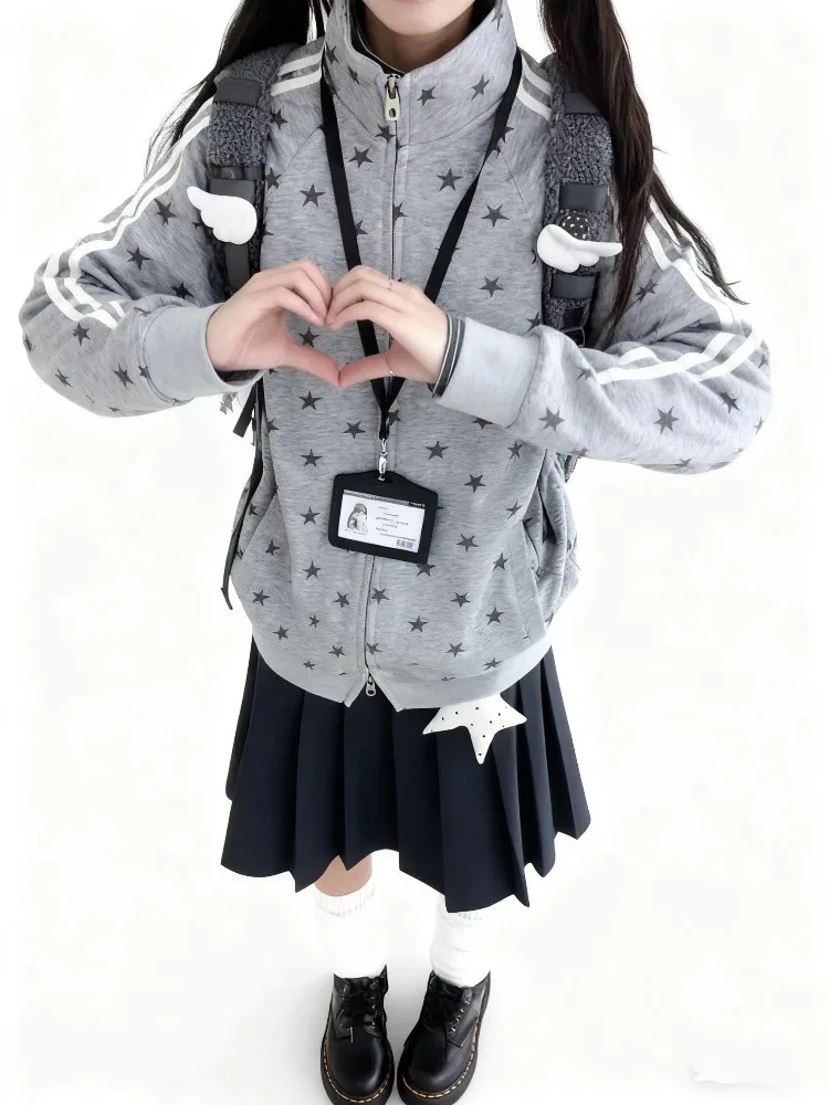 Damskie bluzy Deeptown zapinane na zamek, styl Y2k, japoński styl preppy, vintage Harajuku, szare bluzy z kapturem, codzienne, słodkie, kawaii, odzież wierzchnia, kurtki.