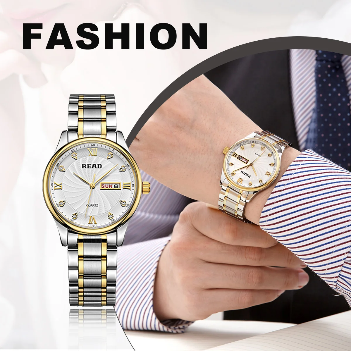 READ Men Quartz Watch | Day Date Display | Two‑Tone Stainless Steel Bracelet | Daily Water Resistant Analog Wrist Watch