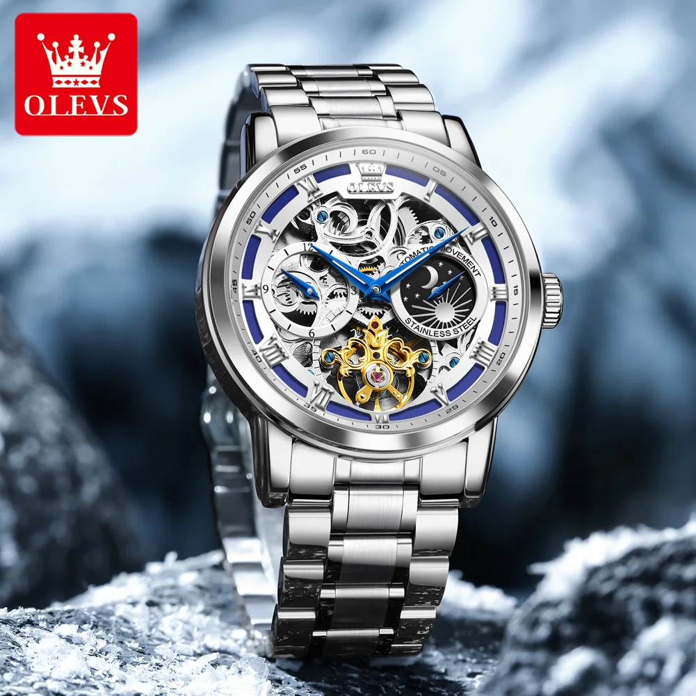 OLEVS 6670 Original Man Watch Hollow Flywheel Moon Phase Automatic Mechanical Watches for Men Waterproof Luminous Men's Watches gallery 1